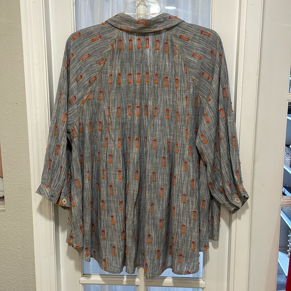 Ivy Jane 3/4 sleeve button down top with orange embroidered pattern. - Picture 2 of 2